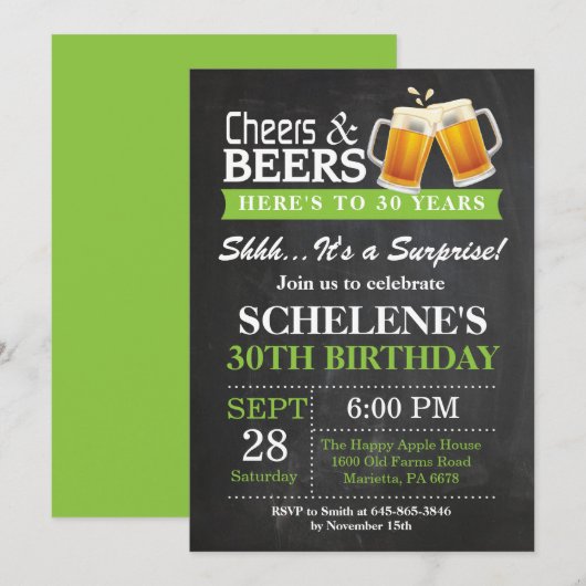 Surprise Cheers and Beers 30th Birthday Invitation (Devant / Derrière)
