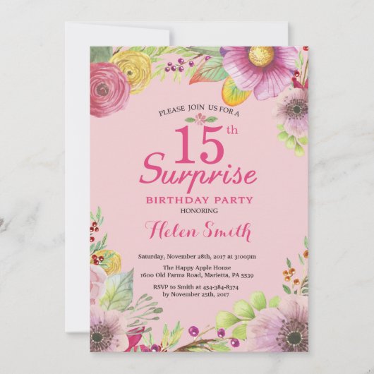 Surprise Floral 15e anniversaire Invitation pour f (Devant)