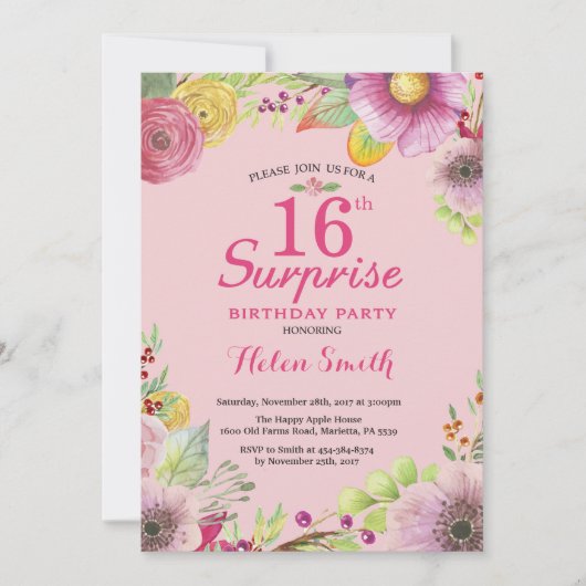 Surprise Floral 16e anniversaire Invitation pour f (Devant)