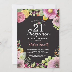 Surprise Floral 21st Birthday Invitation for Women Kaart