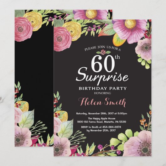 Surprise Floral 60th Birthday Invitation for Women Kaart (Voorkant / Achterkant)