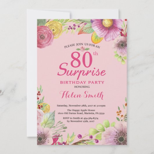 Surprise Floral 80e anniversaire Invitation pour f (Devant)