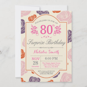 Surprise Floral 80th Birthday Invitation roze Rose Kaart