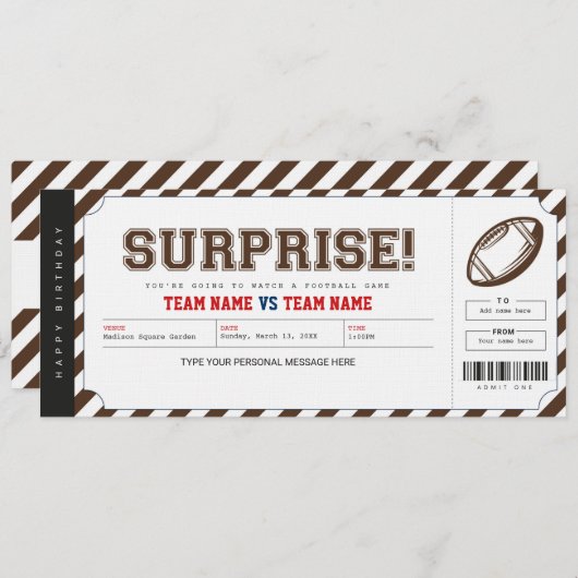 Surprise Football Game Stadium Gift Ticket Kaart (Voorkant / Achterkant)