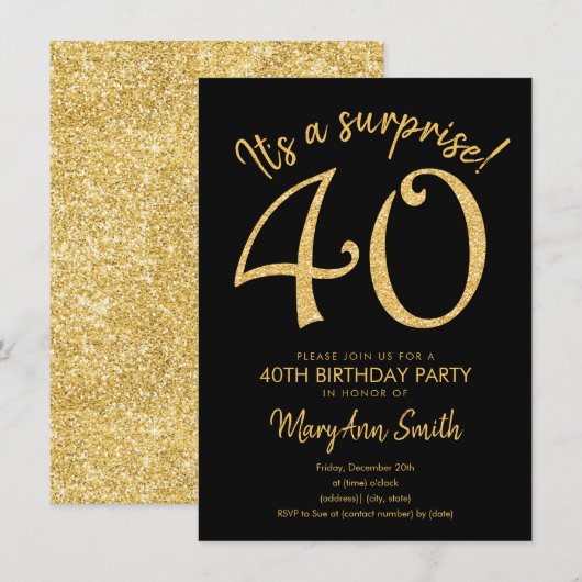 Surprise Forty Gold 40th Birthday Party Invitation (Devant / Derrière)