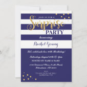 Surprise Gold Glitter Birthday Navy Stripe Invite Kaart (Voorkant)
