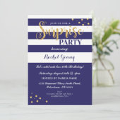 Surprise Gold Glitter Birthday Navy Stripe Invite Kaart (Staand voorkant)