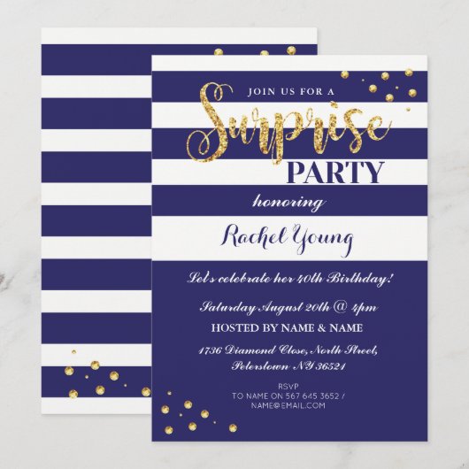 Surprise Gold Glitter Birthday Navy Stripe Invite Kaart (Voorkant / Achterkant)