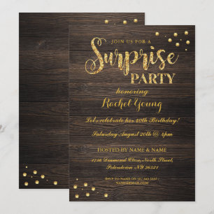 Surprise Gold Glitter Wood Birthday Uitnodiging