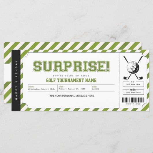 Surprise Golf Tournament Personalized Gift Ticket (Voorkant / Achterkant)
