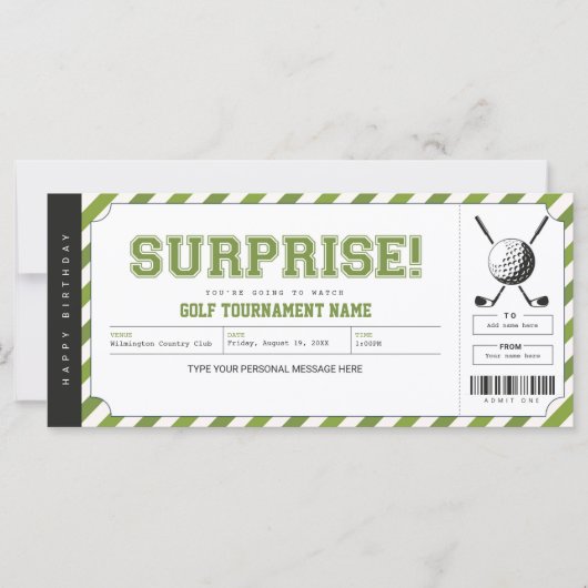 Surprise Golf Tournament Personalized Gift Ticket (Voorkant)