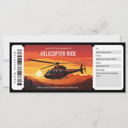 Surprise Helikopter Ride Ticket Sjabloon Kaart (Voorkant)