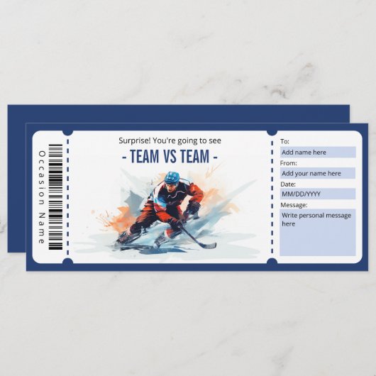 Surprise Hockey Game Ticket Cadeaubon Kaart (Voorkant / Achterkant)