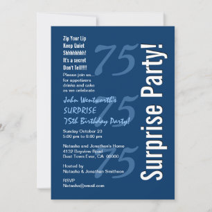 SURPRISE Modern 75th Birthday Navy Blue and White Kaart