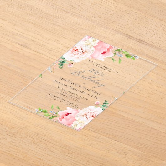 SURPRISE PARTY 100e Verjaardag Roze pioenroos Bloe Acryl Uitnodigingen (Laagn)