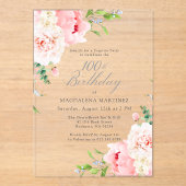 SURPRISE PARTY 100e Verjaardag Roze pioenroos Bloe Acryl Uitnodigingen (Voorkant)