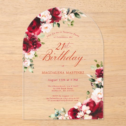 SURPRISE PARTY 21e Verjaardag Rood Roze Bloemenboo Acryl Uitnodigingen (Voorkant)