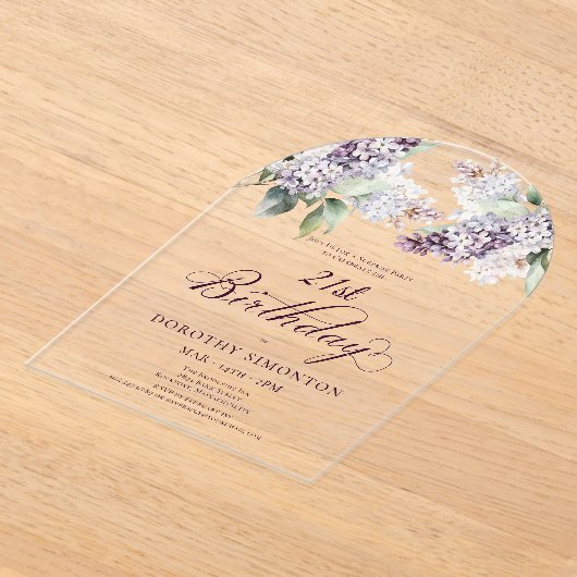 SURPRISE PARTY 21ste Verjaardag Paarse Bloemenboog Acryl Uitnodigingen (Laagn)