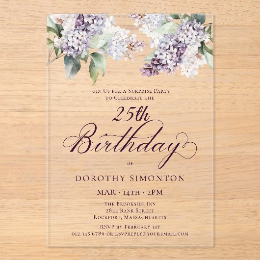 SURPRISE PARTY 25e Verjaardag Paarse Lila Bloemen Acryl Uitnodigingen (Voorkant)