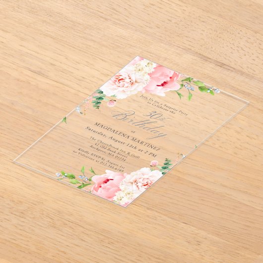 SURPRISE PARTY 30e Verjaardag Roze pioenroos Bloem Acryl Uitnodigingen (Laagn)