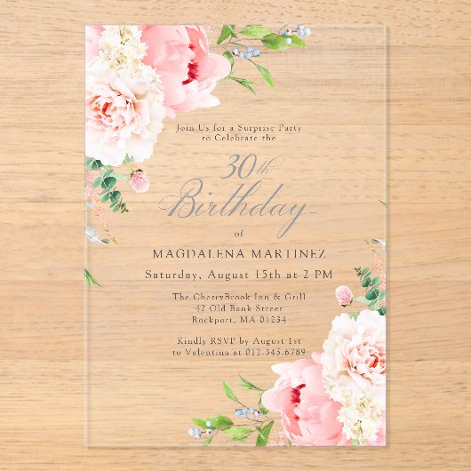 SURPRISE PARTY 30e Verjaardag Roze pioenroos Bloem Acryl Uitnodigingen (Voorkant)