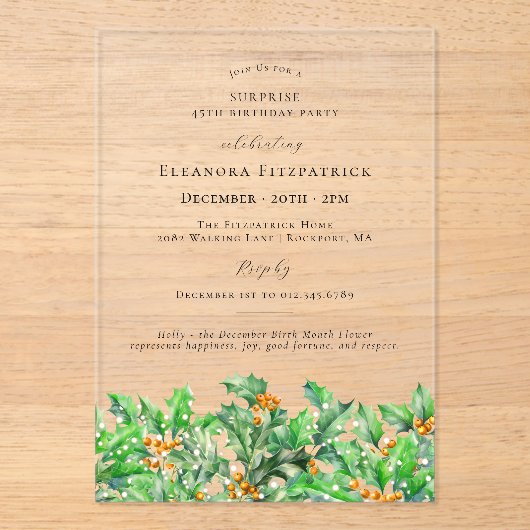 SURPRISE PARTY 45th Birthday Holly December Acryl Uitnodigingen (Voorkant)