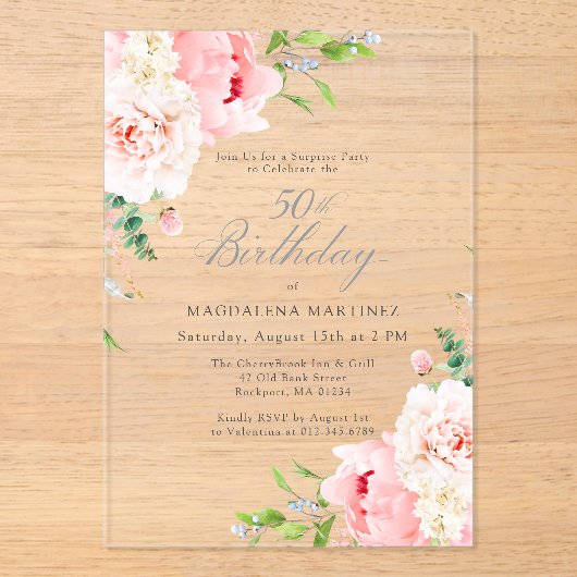 SURPRISE PARTY 50e verjaardag roze pioenroos Bloem Acryl Uitnodigingen (Voorkant)