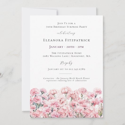 SURPRISE PARTY 70th Birthday Pink Carnation Floral Kaart (Voorkant)