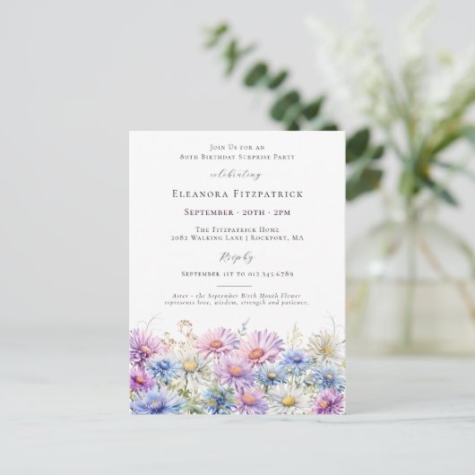 SURPRISE PARTY 80 Birthday September Birth Flower Uitnodiging Briefkaart (Staand voorkant)