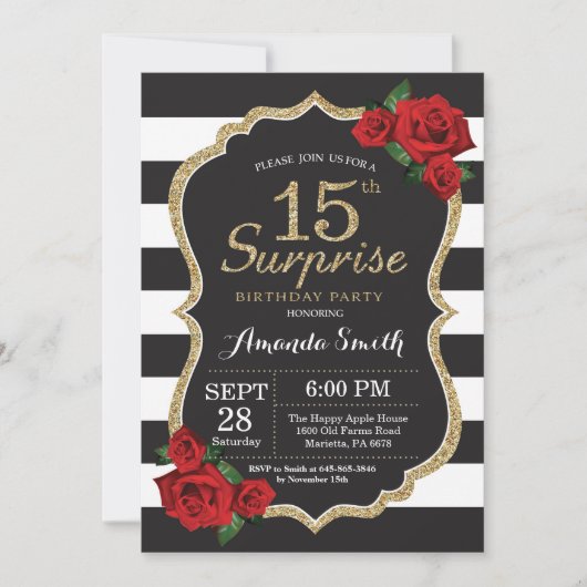 Surprise Red Rose 15e anniversaire Invitation Or (Devant)