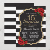 Surprise Red Rose 15th Birthday Invitation Gold Kaart (Voorkant / Achterkant)