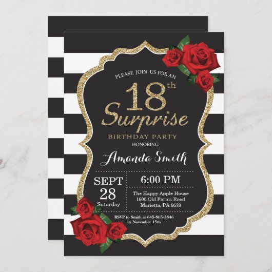 Surprise Red Rose 18e verjaardag uitnodiging goud (Voorkant / Achterkant)