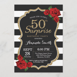 Surprise Red Rose 50th Birthday Invitation Gold Kaart
