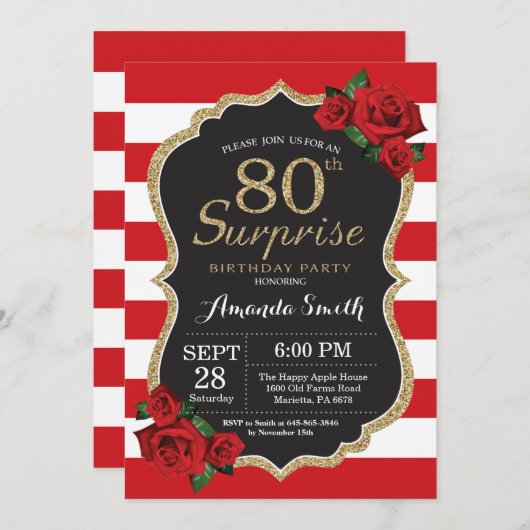 Surprise Red Rose 80th Birthday Invitation Gold Kaart (Voorkant / Achterkant)