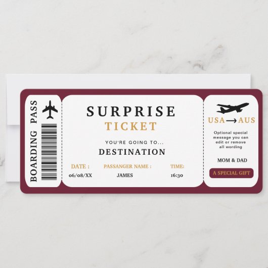 Surprise Reis Ticket  Vliegtuig Reis Instapkaart Kaart (Voorkant)