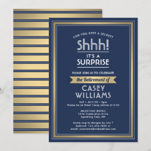 Surprise Retirement Party Navy Blue White Gold Kaart