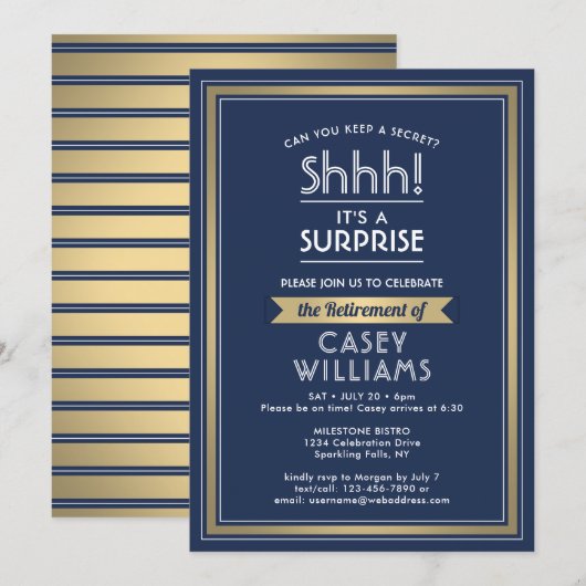 Surprise Retirement Party Navy Blue White Gold Kaart (Voorkant / Achterkant)