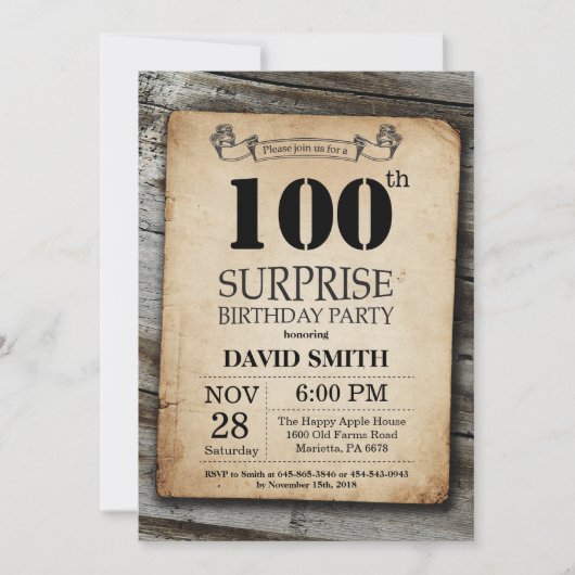 Surprise Rustic 100e anniversaire Invitation Vinta (Devant)