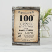 Surprise Rustic 100th Birthday Invitation  Kaart (Staand voorkant)