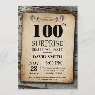 Surprise Rustic 100th Birthday Invitation  Kaart