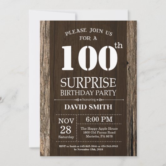 Surprise Rustic 100th Birthday Invitation  Kaart (Voorkant)