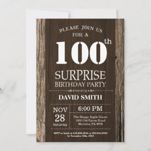 Surprise Rustic 100th Birthday Invitation Kaart