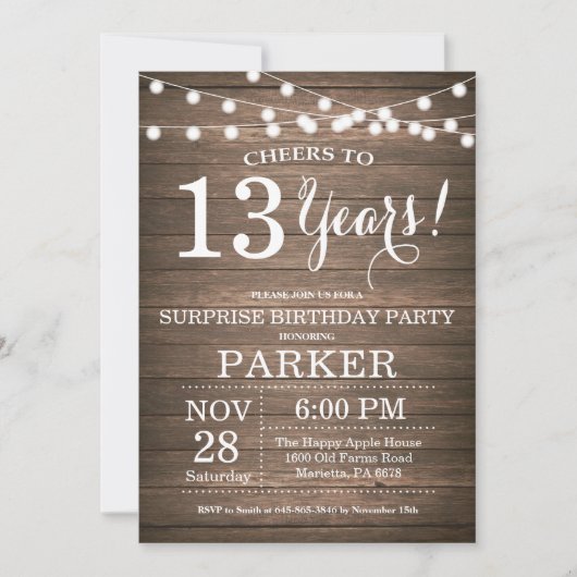 Surprise Rustic 13th Birthday Invitation Wood Kaart (Voorkant)