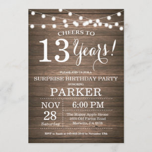 Surprise Rustic 13th Birthday Invitation Wood Kaart