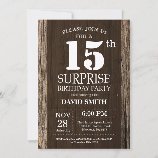 Surprise Rustic 15e anniversaire Invitation Vintag (Devant)