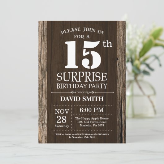 Surprise Rustic 15e anniversaire Invitation Vintag (Debout devant)