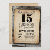 Surprise Rustic 15e anniversaire Invitation Vintag (Devant / Derrière)
