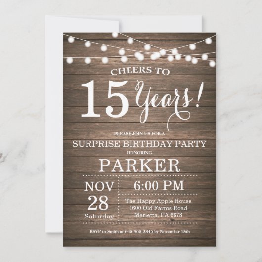 Surprise Rustic 15th Birthday Invitation Wood Kaart (Voorkant)