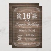 Surprise Rustic 16th Birthday Invitation Floral Kaart (Voorkant / Achterkant)