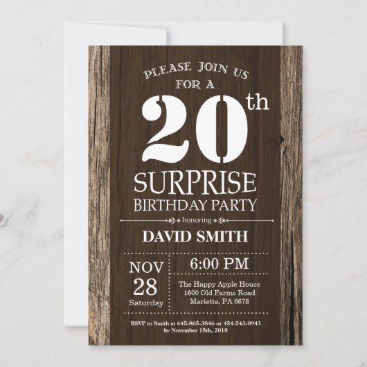 Surprise Rustic 20e anniversaire Invitation Vintag (Devant)